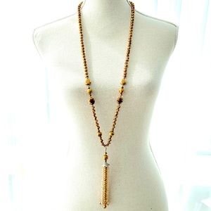 Gold Copper Metallic Mirror Beaded Opera Clip Tassel Long Necklace Holiday Beads